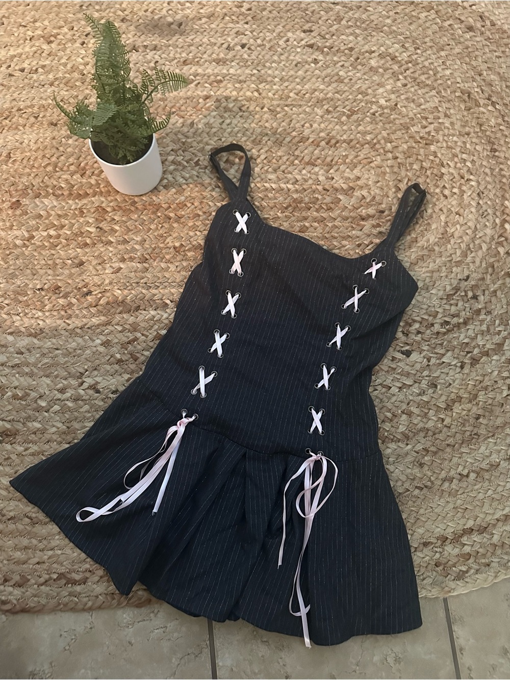 PIN STRIPED LACE UP MINI DRESS